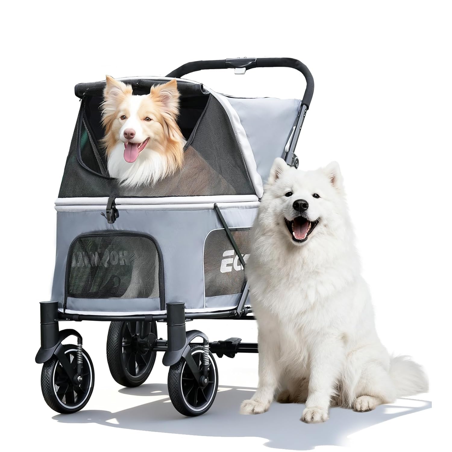 Dog Stroller for Large Dogs, 135lbs Weight Extra Large Pet Stroller, 4 Wheels Cats & Dogs Carrier with Brakes, Breathable Mesh Windows & Pocket, Gray