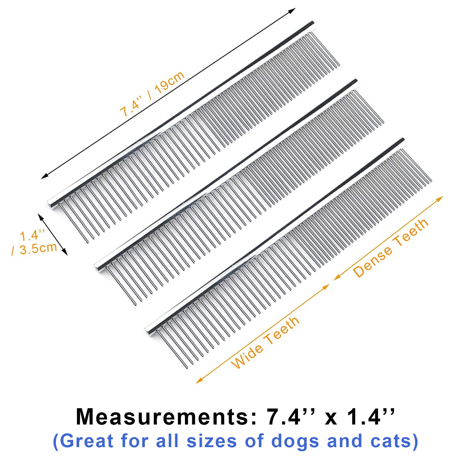 Stainless Steel Comb Set for Dogs and Cats, Pet Metal Brusher, Silver, Pack of 3 - view 3