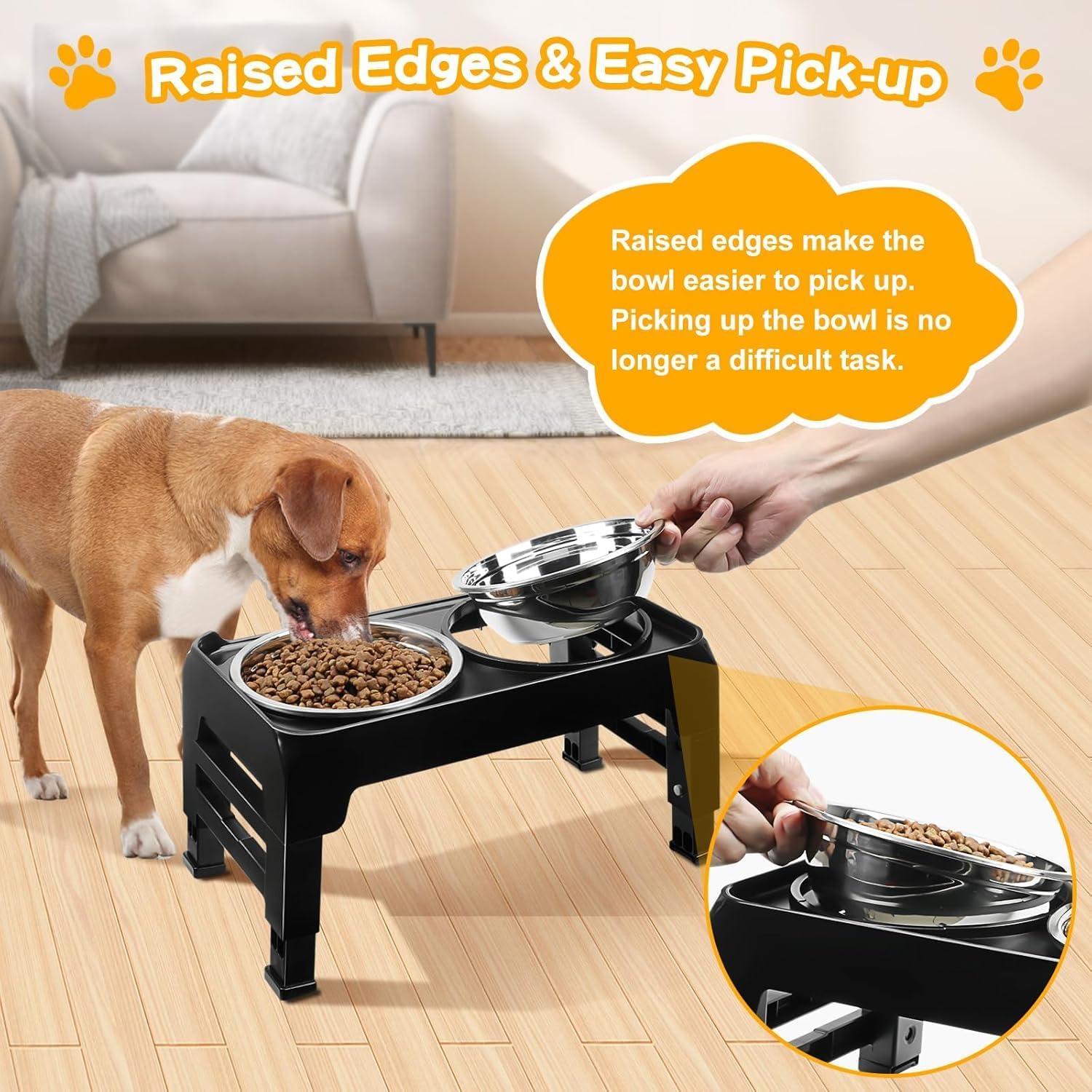 Elevated Dog Bowls for Small Medium Dogs, 3 Height Adjustable Raised Stand with 2 Thick 6" Stainless Steel Food Bowls, Non-Slip Feeder Adjusts to 2.75", 6", 7.5", Black - view 5