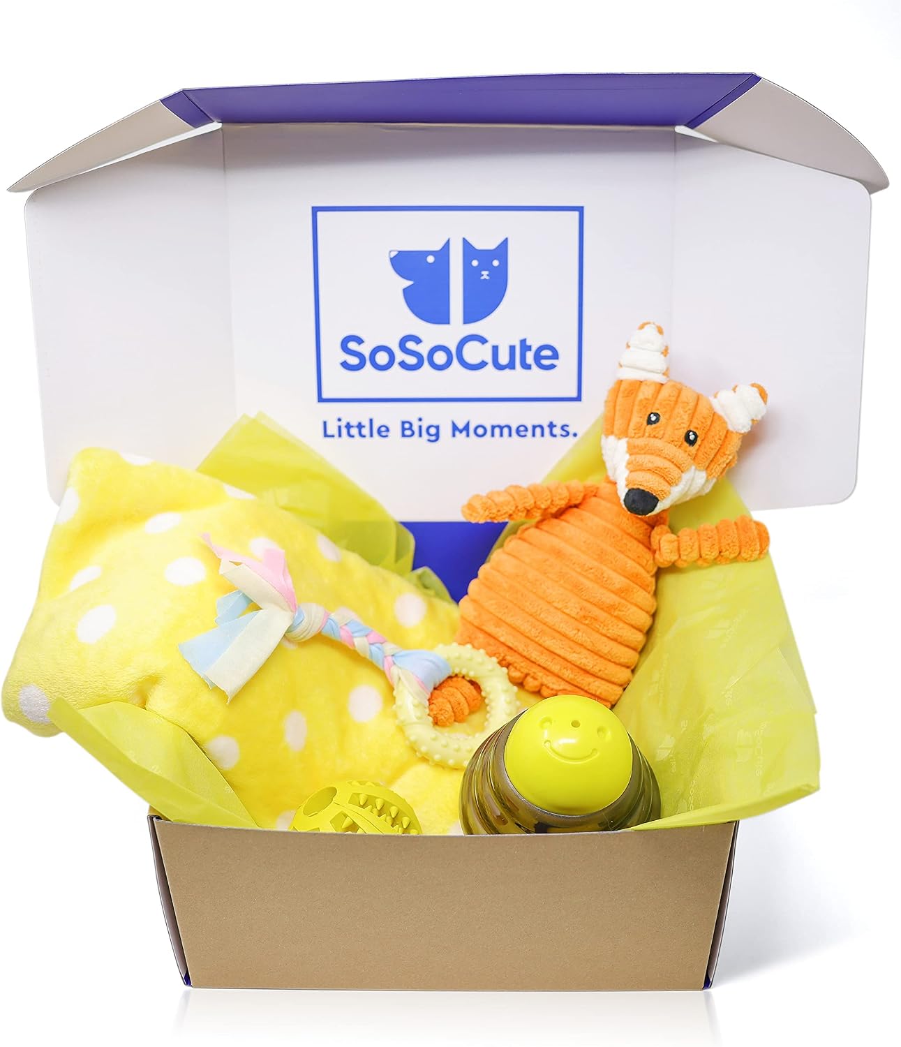 Puppy starter kit – 5pc dog toy gift set for small dogs – new puppy essentials gift box with blanket, squeaky plush, teething ring, treat ball & chew ball (yellow) - view 8