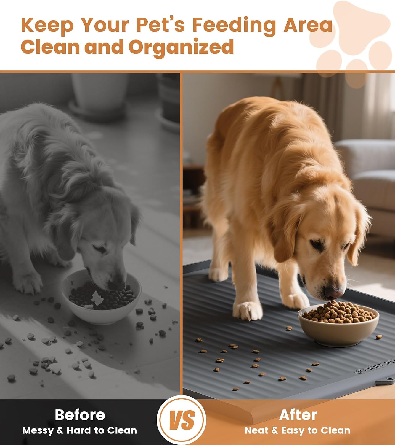 Dog food mat 36"x24", waterproof dog bowl mat, grey | raised edges prevent spills, diversion grooves, waterproof surface, non-slip backing, easy to clean - view 6