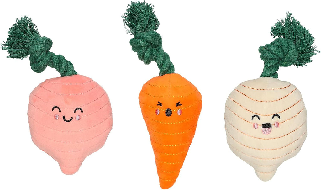 Spring Garden Veggies Dog Toys, Plush Squeaky Rope Dog Toys, Radish Carrot & Turnip Vegetable Dog Toy Set, Loud Squeakers, Set of 3