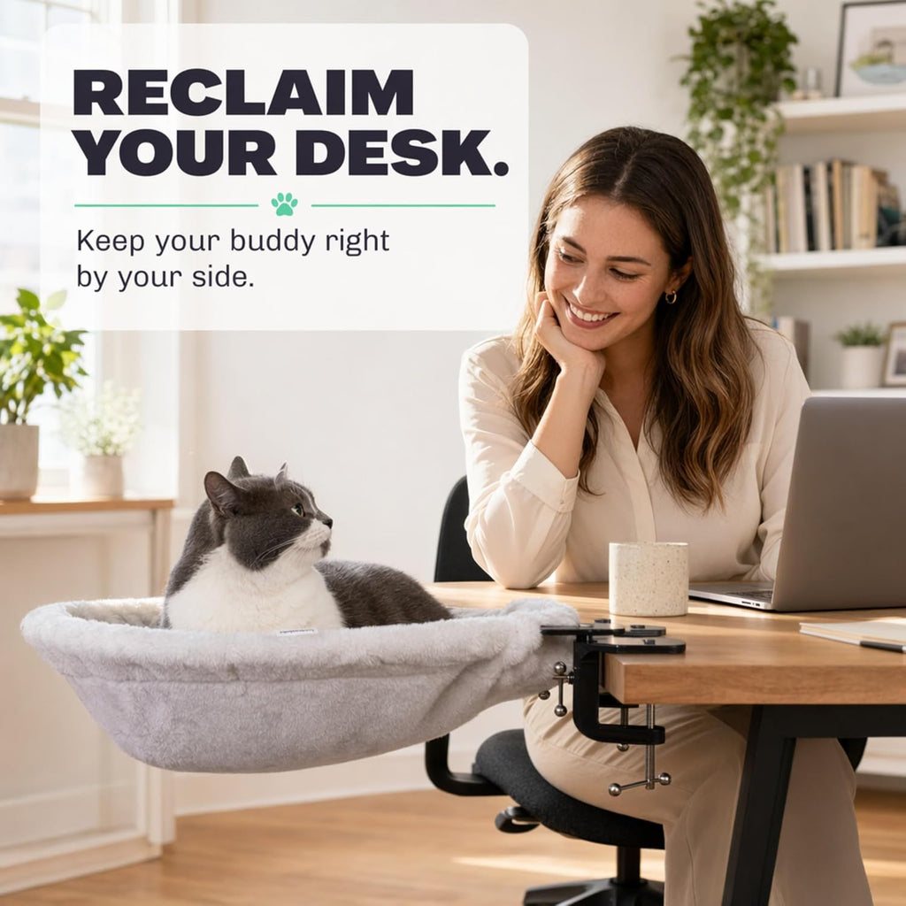 XL Desk Hammock for Cats | Adjustable Clamp On Cat Bed | Soft Faux Fur Elevated Cat Perch with Steel Frame | Space Saving Under Desk Lounge | Supports Cats Up to 70 lbs - view 5