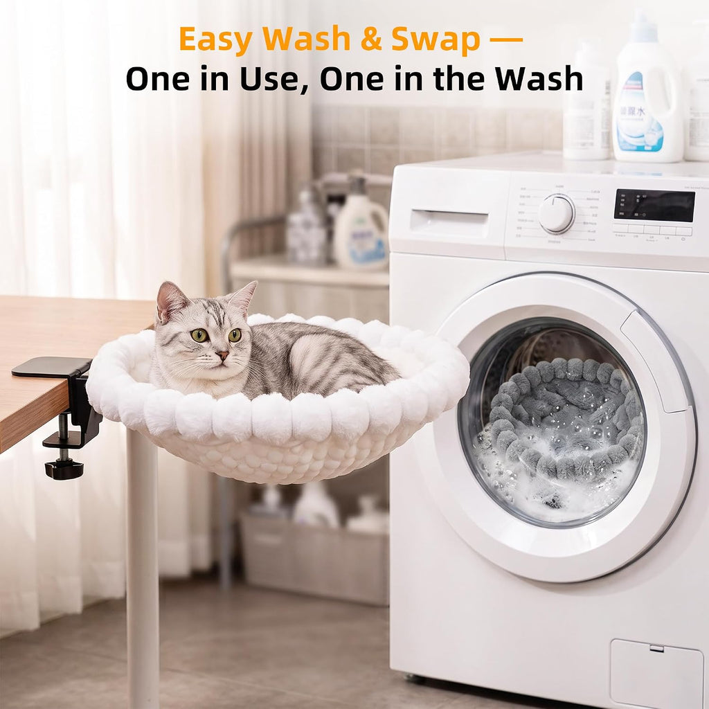 Desk Cat Bed with 2 Washable Covers (Gray & White Set), Space Saving Clamp-On Cat Perch Hammock for Desk Side, Heavy Duty Metal Frame Cat Lounge Seat for Indoor Cats, Fits Most Desks - view 3