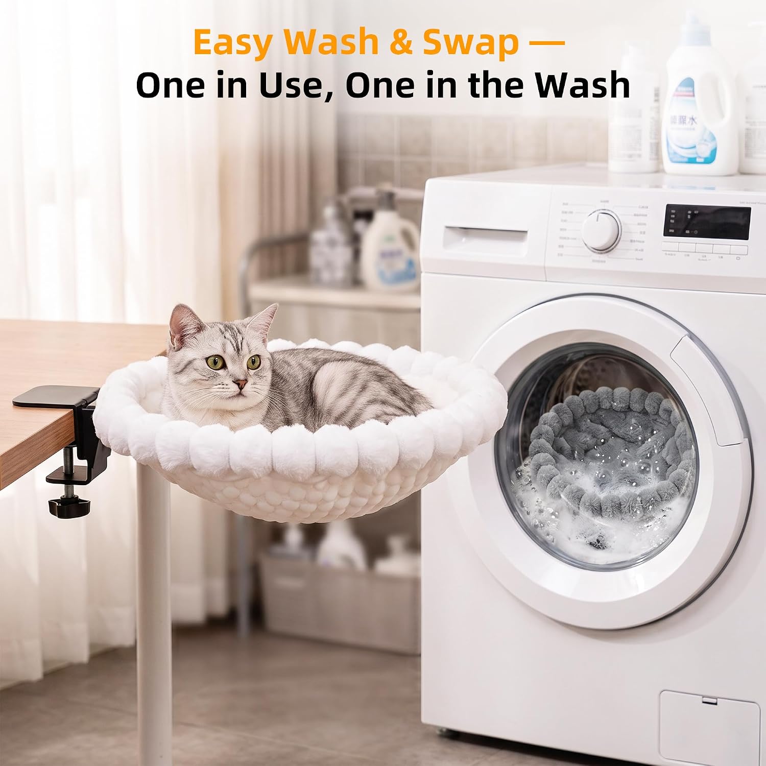 Desk Cat Bed with 2 Washable Covers (Gray & White Set), Space Saving Clamp-On Cat Perch Hammock for Desk Side, Heavy Duty Metal Frame Cat Lounge Seat for Indoor Cats, Fits Most Desks - view 3
