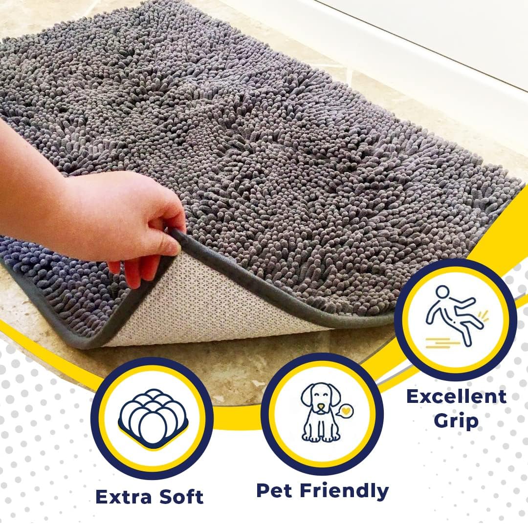 Super Water Absorbent Door Mat Indoor, Microfiber Quick Dry Chenille Entryway Rug, Slip Resistant Front Door Mat, Indoor Mats for Entryway, Machine Washable Pet Rug, Grey 30"x19" - view 2