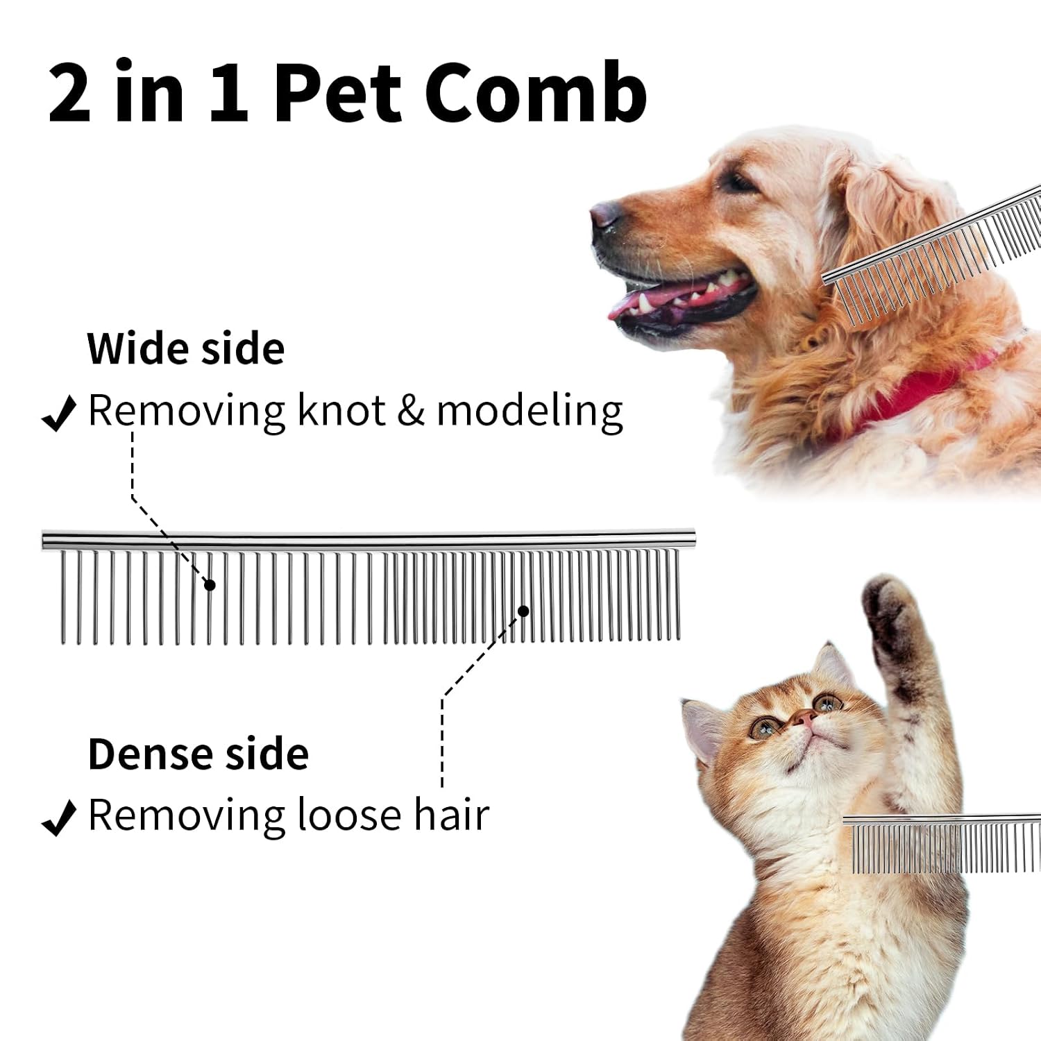 2PCS 6.4"&7.5" Stainless Steel Pet Deshedding Brush & Grooming Comb | Rustproof Stainless Steel, Remove Loose Fur & Tangles, Gentle on Skin, For Dogs Cats All Hair Types, Easy Clean Grooming Tool - view 4
