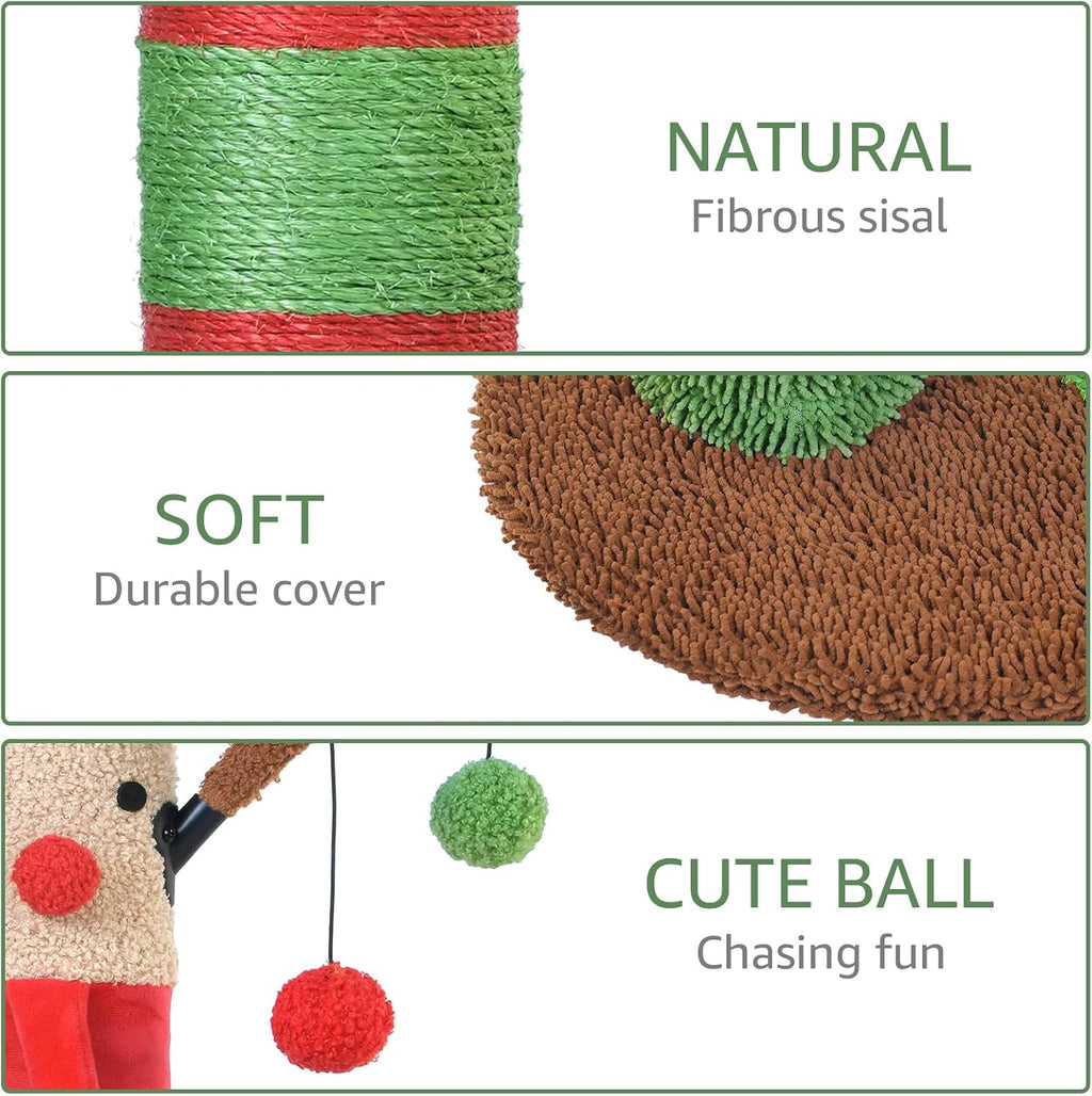 Christmas Cat Scratching Post Deer Cat Trees for Adult Cats Scratcher Cute Toy Kitten Kitty Sisal Scratch with Teaser Ball Indoor 25 inch - view 5