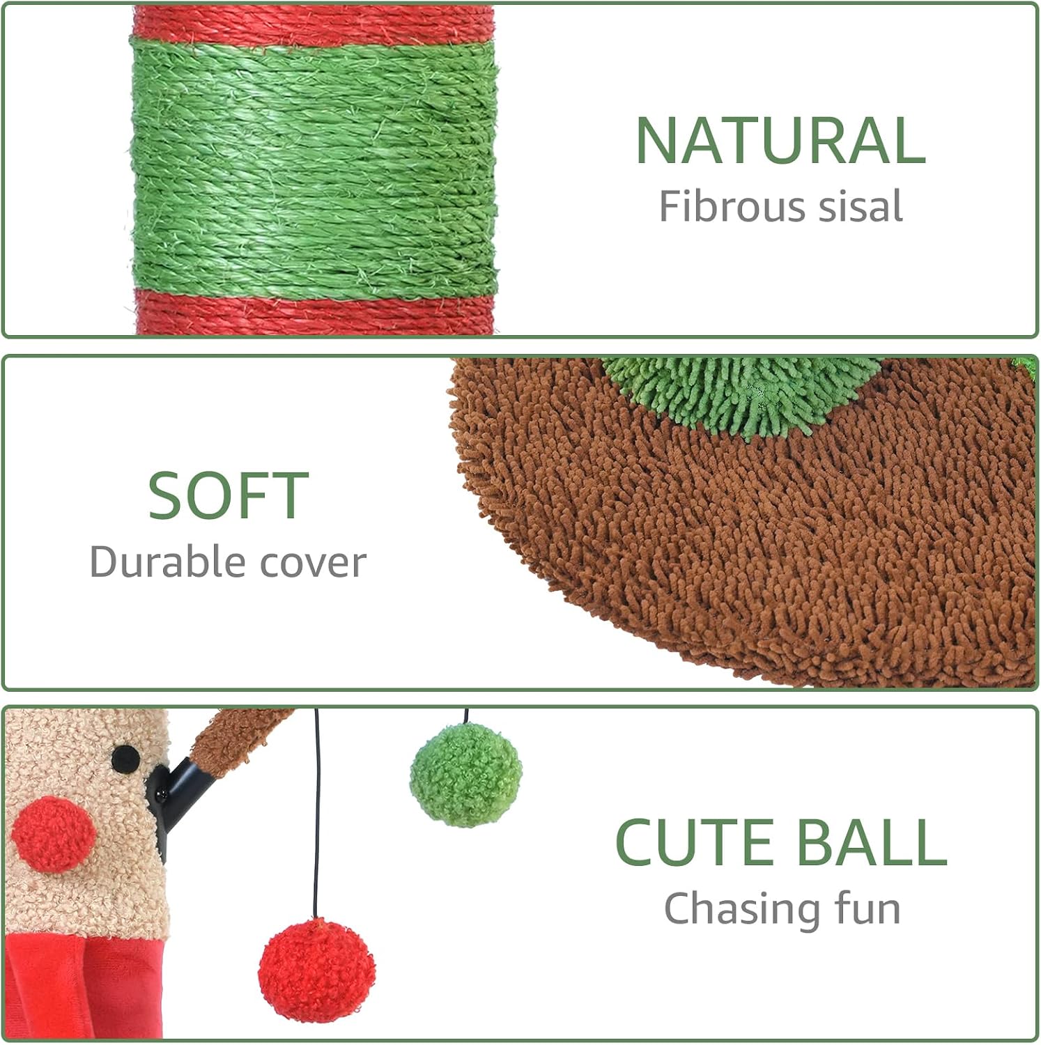 Christmas Cat Scratching Post Deer Cat Trees for Adult Cats Scratcher Cute Toy Kitten Kitty Sisal Scratch with Teaser Ball Indoor 25 inch - view 5