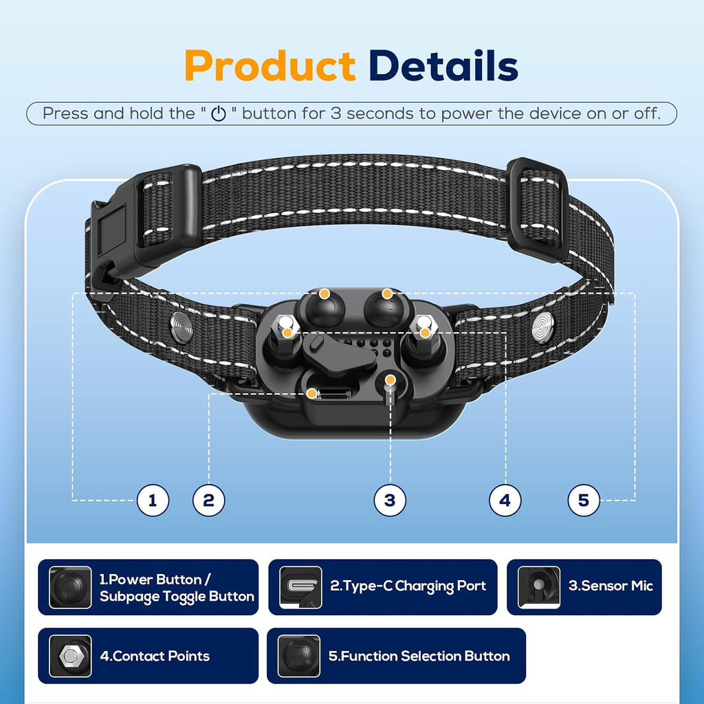 Dog Bark Collar for Large Medium Small Dogs, Smart Anti Bark Collar with Beep & Vibration, 5 Training Modes, 5 Adjustable Sensitivity, IP67 Waterproof, Rechargeable Barking Collar, 300mAh Battery - view 7