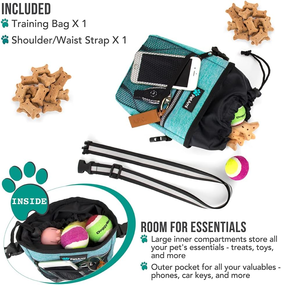 Dog Treat Pouch | Dog Training Pouch Bag with Waist Shoulder Strap, Poop Bag Dispenser | Treat Training Bag for Treats, Kibbles, Pet Toys | 3 Ways to Wear (Turquoise) | No bowl included - view 2
