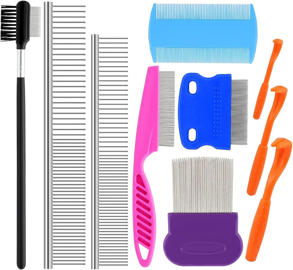 10 Pack Flea Comb for Dogs Cats, Stainless Steel Grooming Combs | Eye Comb for Pets, Tear Stain Remover with Rounded Teeth