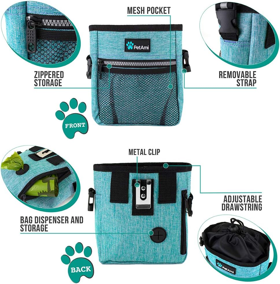 Dog Treat Pouch | Dog Training Pouch Bag with Waist Shoulder Strap, Poop Bag Dispenser | Treat Training Bag for Treats, Kibbles, Pet Toys | 3 Ways to Wear (Turquoise) | No bowl included - view 3