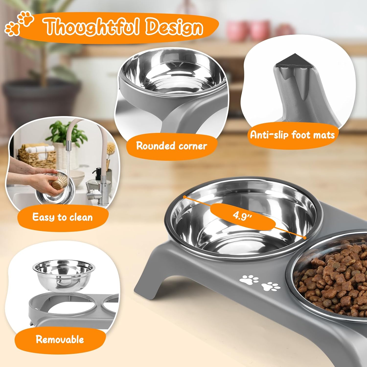Elevated dog bowls for small dogs, 3" high raised dog bowl stand with dual 5" stainless steel bowls non-slip pet feeder for puppy and cats, dishwasher safe, grey - view 2