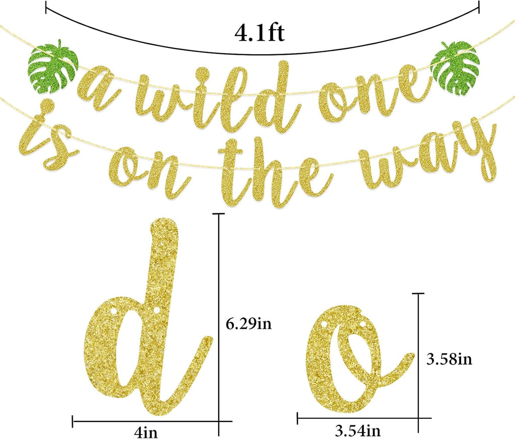 A Wild One is on the Way Banner - Pre-Strung Safari Baby Shower Decorations | Mess-Free Glitter Jungle Theme Photo Backdrop | Time-Saving Welcome Baby Party Supplies for Expecting Parents | Woodland Animals Theme Party Supplies, Palm Leaves Sign Welcome B - view 2
