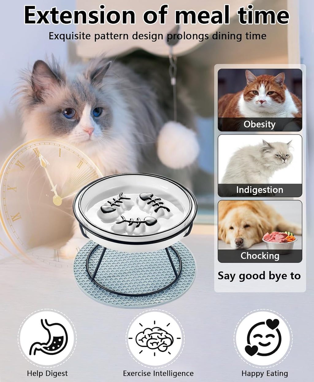Ceramic elevated slow feeder cat bowl, anti vomit, removable dish, black | removable ceramic bowl slow feeder anti vomit whisker-friendly wet & dry food - view 3