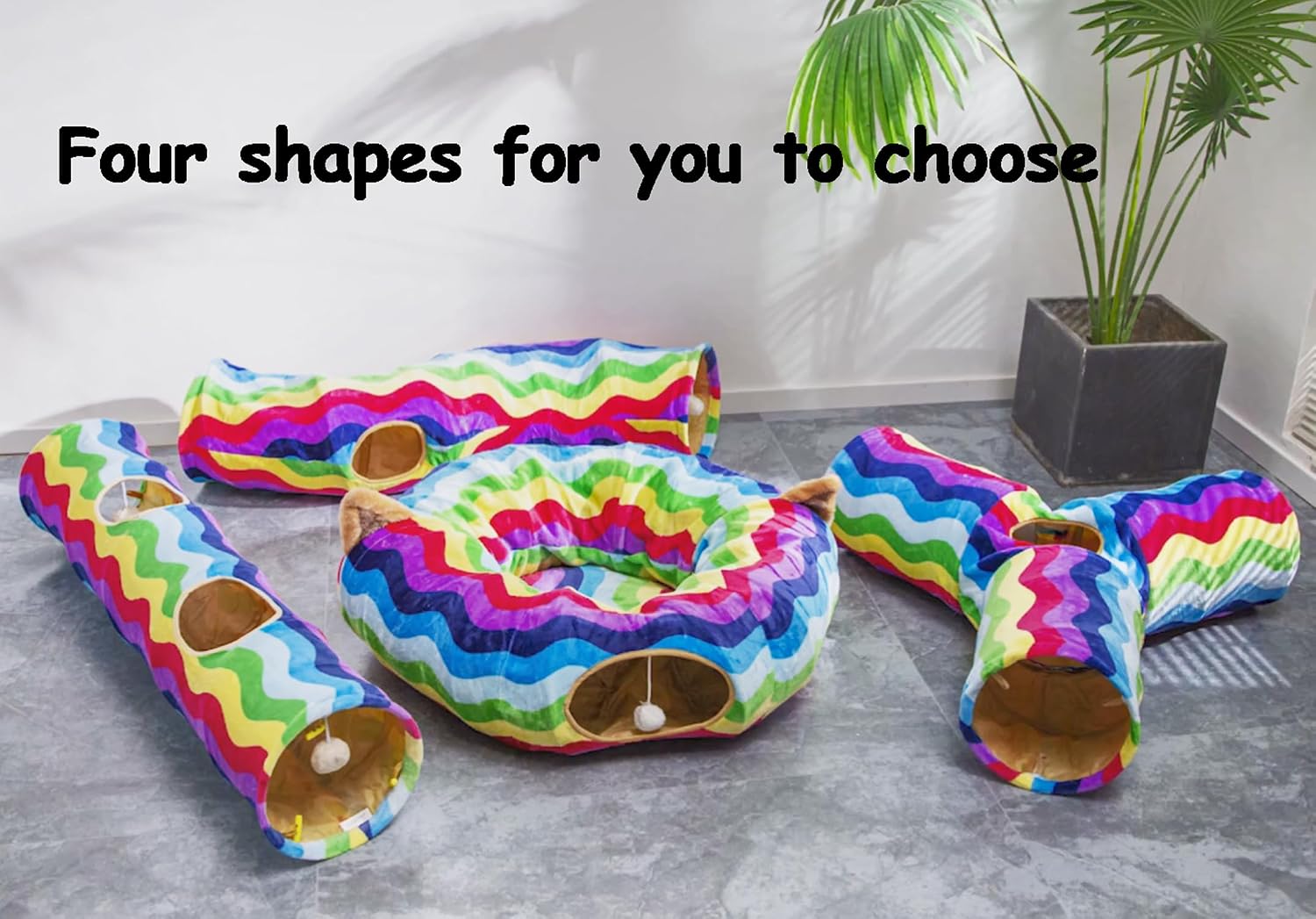 Cat tunnel - straight-shaped, rainbow wave color, soft velvet exterior, Oxford fabric fog-proof interior, plush toy ball, easily washable, conveniently foldable, 47.2in/120cm - view 4