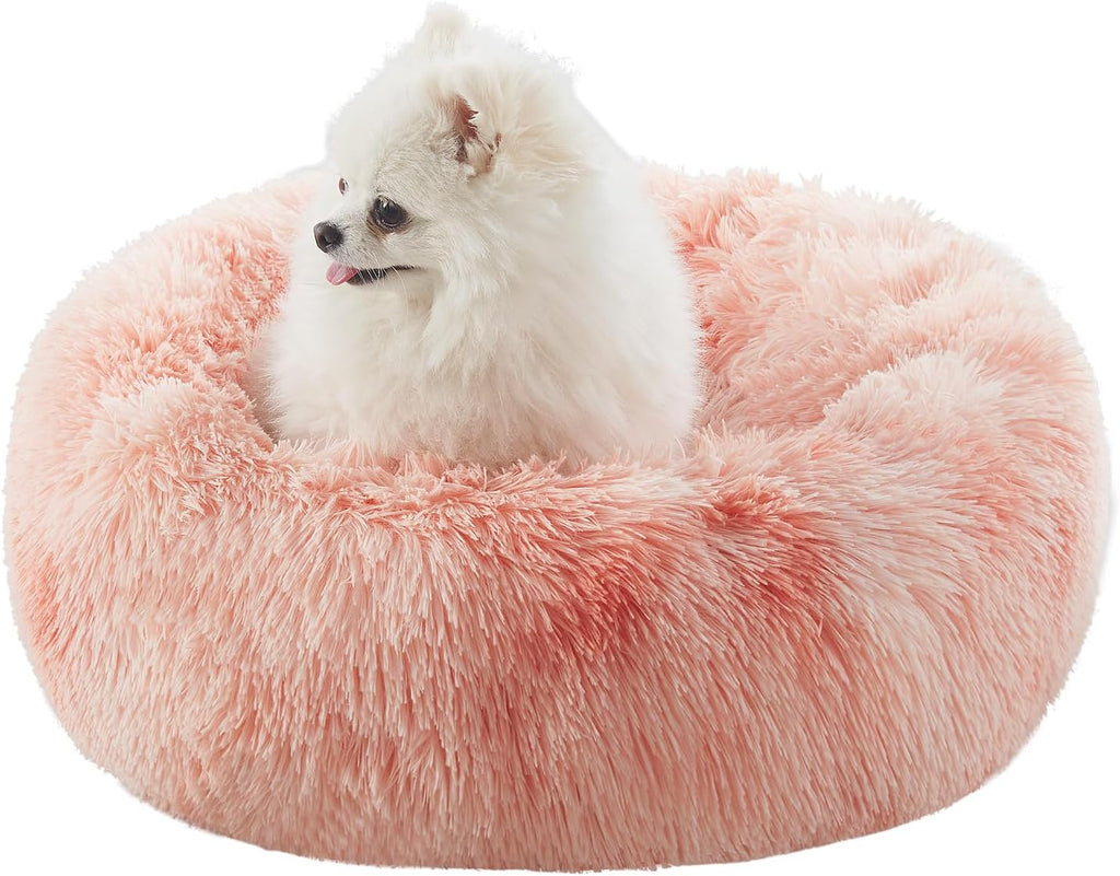 23 in faux fur fluffy donut dog bed for small dogs, tie-dye pink | calming plush round puppy pet bed with removable & washable cover, fits up to 25 lbs pets