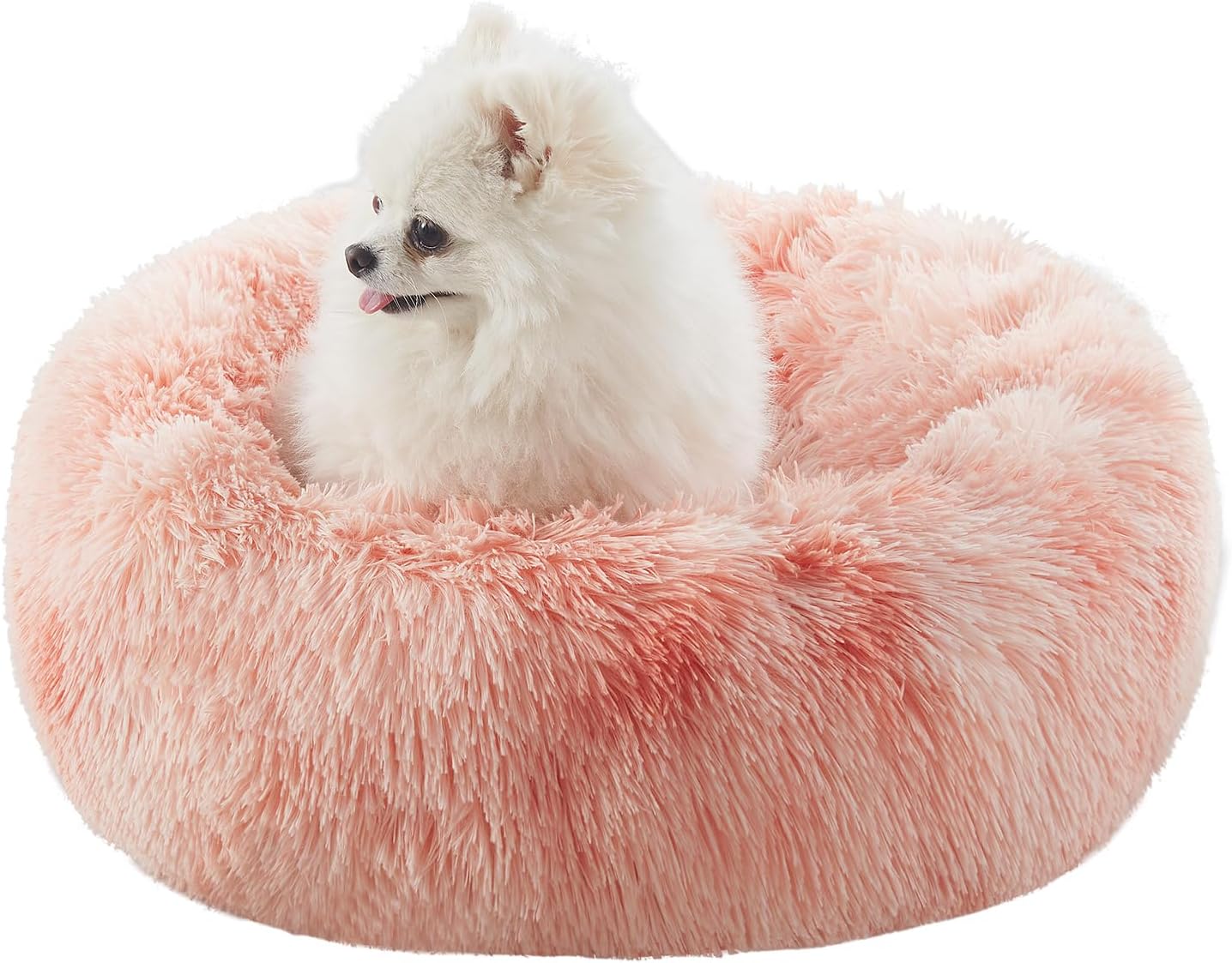 23 in faux fur fluffy donut dog bed for small dogs, tie-dye pink | calming plush round puppy pet bed with removable & washable cover, fits up to 25 lbs pets