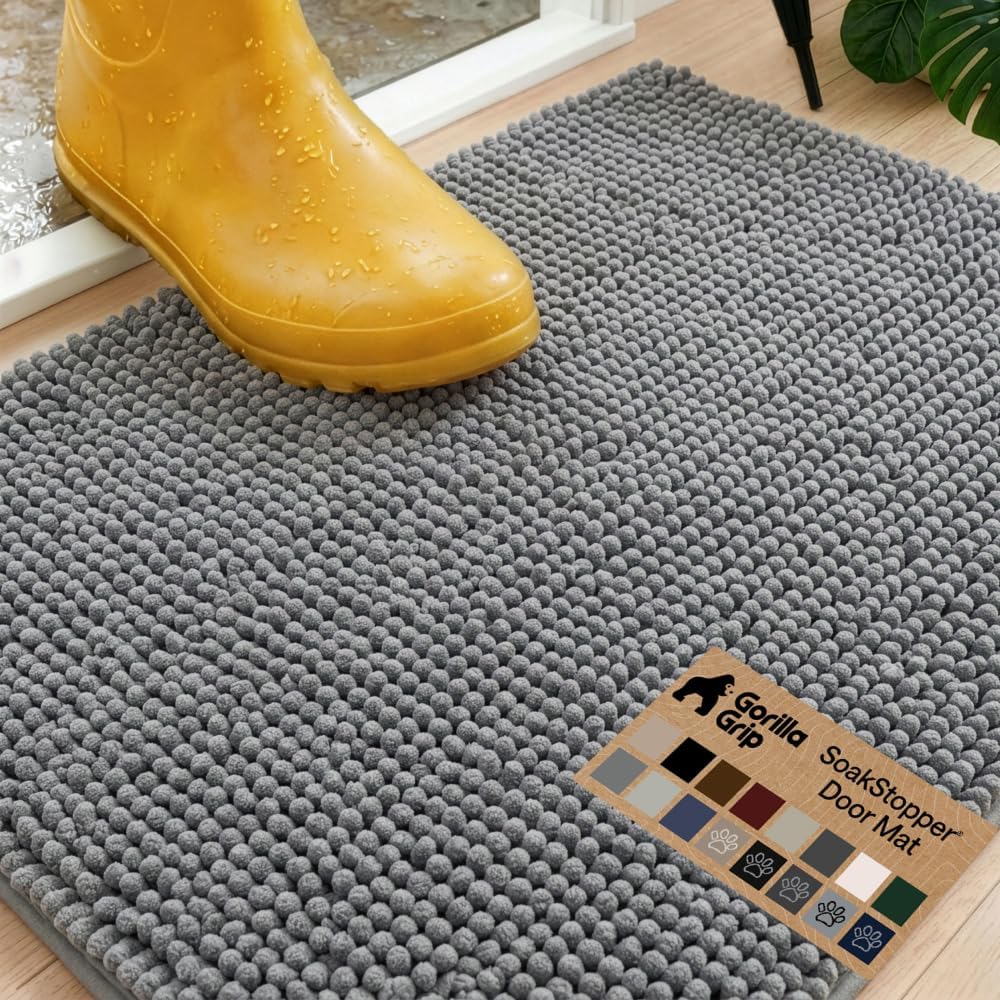 Dog door mat, machine washable rug absorbent doormat captures moisture mud dirt, quick dry soft chenille entryway rugs indoor entrance mats for dog paws, 24x17 grey