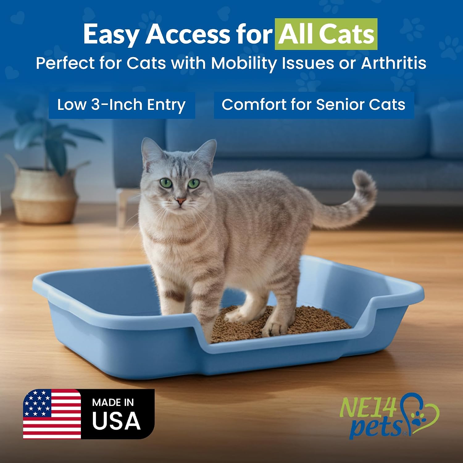 Senior cat litter box, large litter pan, little boy blue | open top low entrance kitty litter box, lightweight low entry litters box, durable design for easy cleaning, made in USA - view 7