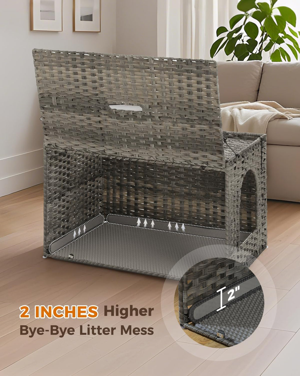 Rattan Cat Litter Box Enclosure, XL, Gray | Handwoven wicker; Hidden litter box furniture; Raised-edge mat; Tall doorway; Odor control; Designed for large cats - view 3