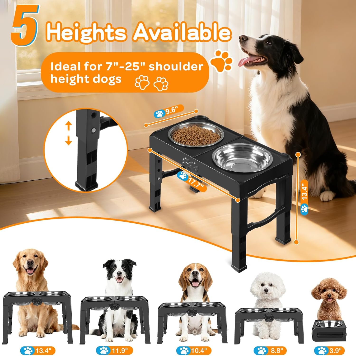 Elevated Dog Bowls, 5 Adjustable Heights (3.9"-13.4") Raised Dogs Food Bowl Stand for Medium Large Sized Dogs, Non-Slip Foldable Travel Pet Feeder Black with Stainless Steel Bowls - view 2