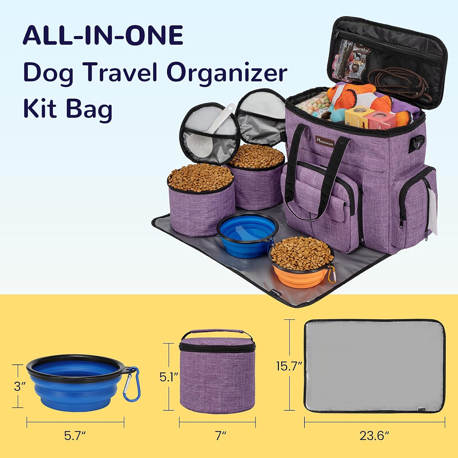 Dog Travel Organizer Carriers for Supplies & Accessories, Airline Approved Cat Pet Travel Bag, 2 Collapsible Bowls, 2 Travel Dog Food Container, Purple | Dog travel accessories set with feeding supplies, bowls, mat, and strap. Ideal for weekend trips. - view 4