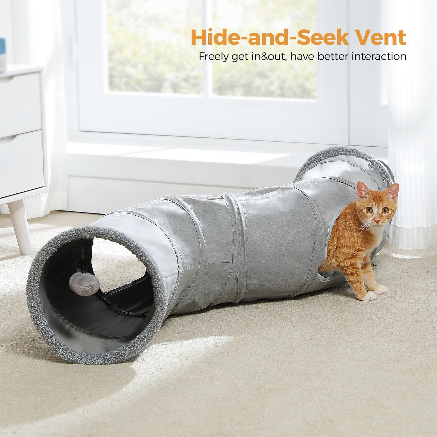Cat Tunnel S Shape Cat Tunnels for Large & Indoor Cats 51”Long | Durable, Spacious 10.5" Cat Tube with Peepholes & Dangling Ball Toy, Connected to Play Tunnels, Collapsible for easy storage - view 3