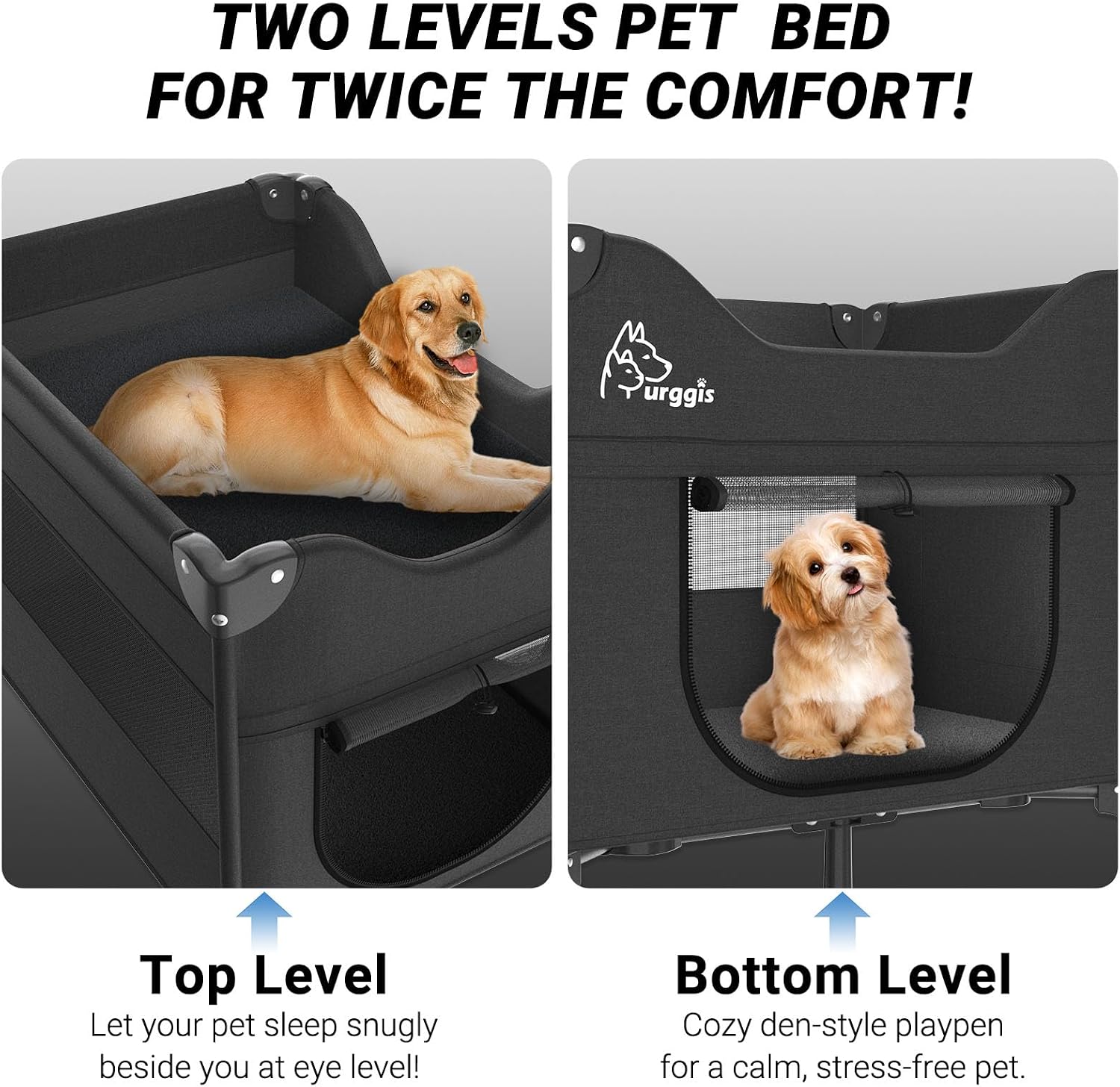 Bedside Dog Lounge Bed, Fordable Bunk Beds Attachment to Human Bed | Raised Dog Lounge Bed for Small Medium Cats & Dogs, Elevated Bedside Co-sleeper Dog Cot with Wheels, Pet Window Perch, Black - view 3