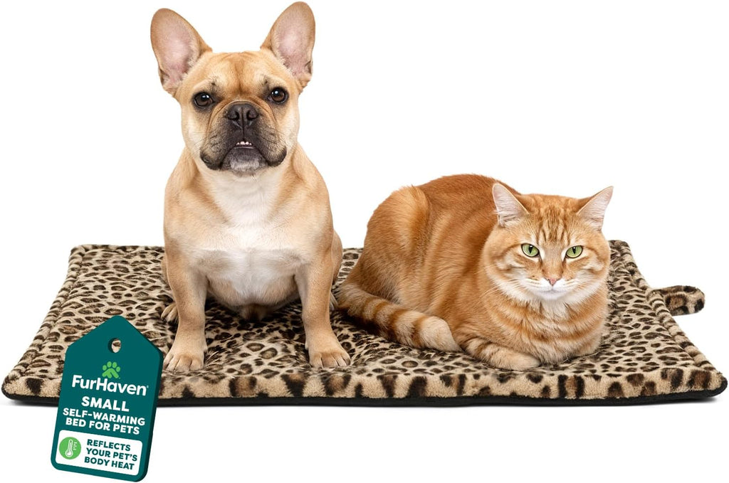 Self-warming cat bed for indoor cats & small dogs, washable & reflects body heat - quilted faux fur reflective bed mat - leopard, small