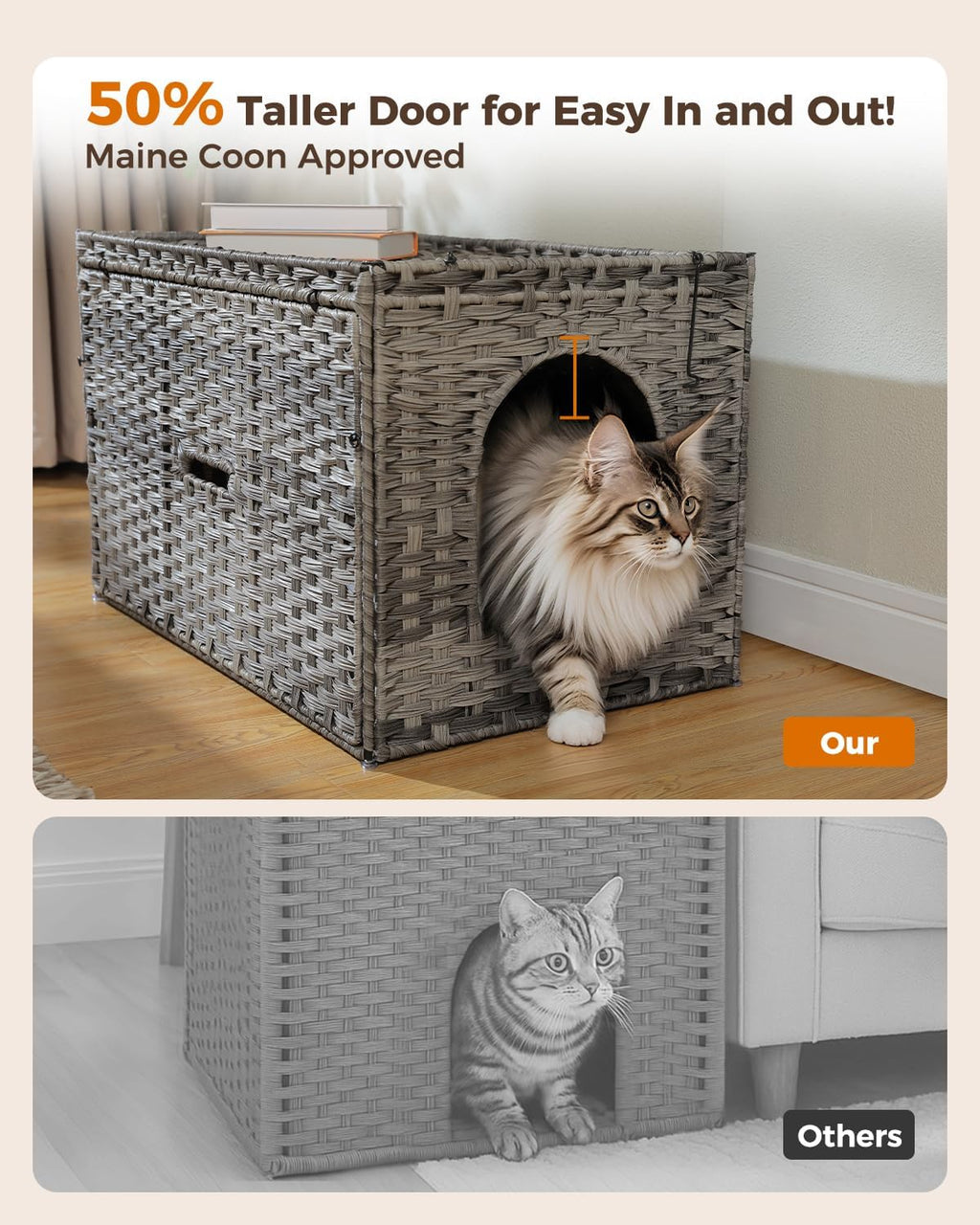 Rattan Cat Litter Box Enclosure, XL, Gray | Handwoven wicker; Hidden litter box furniture; Raised-edge mat; Tall doorway; Odor control; Designed for large cats - view 5