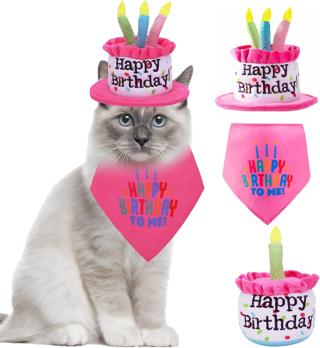Small Dogs Happy Birthday Cake Hat with Colorful Candles & Bandana Scarfs & Birthday Cake Squeaky Toys Set Pink, Dog Birthday Party Supplies Decorations