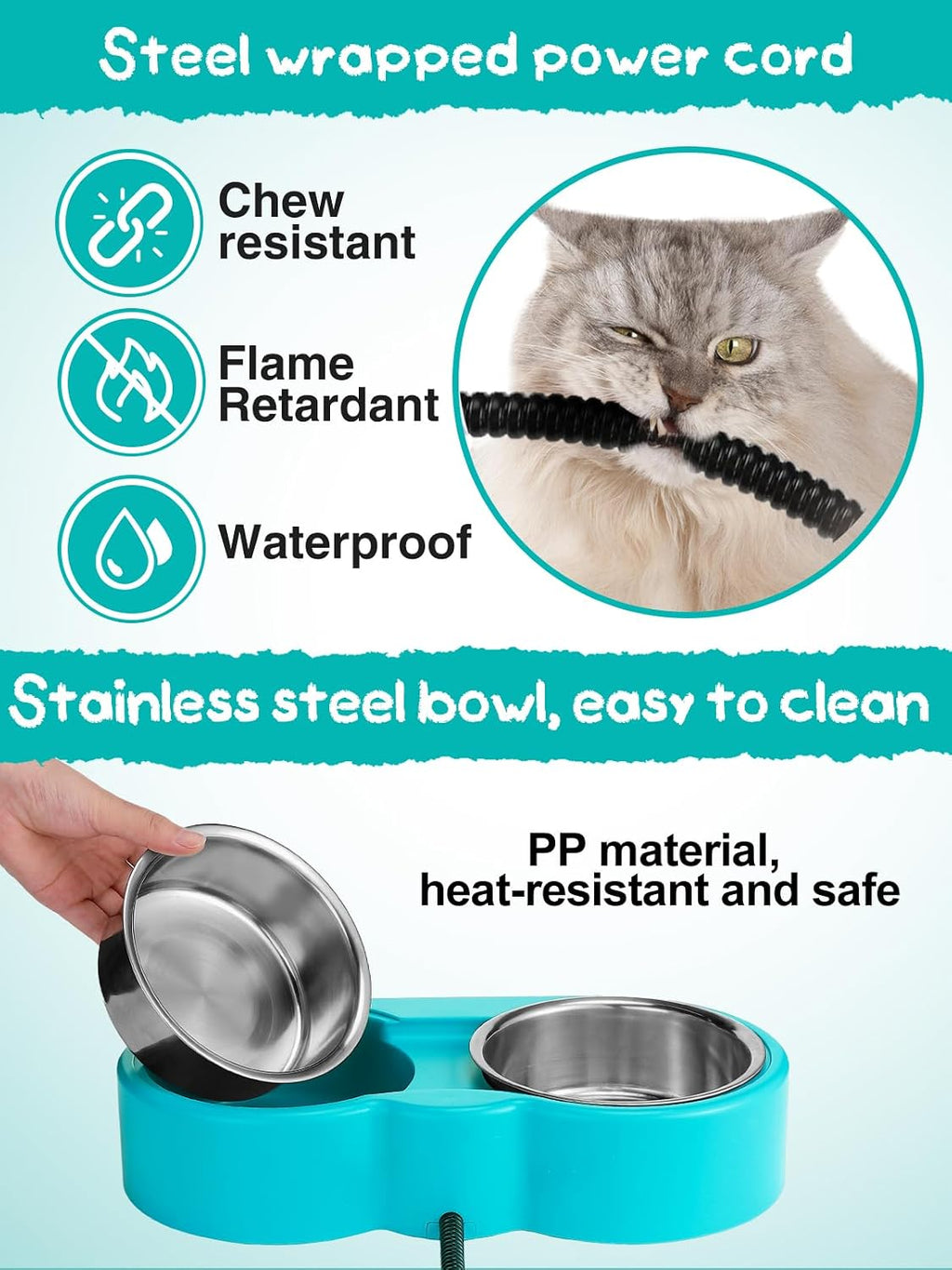 ​Heated Water Bowl for Cats - 48Oz Outdoor Heated Pet Dog Bowl with 2 Stainless Steel Bowl, Thermostatic Control for Keeping Water and Food from Freezing in Winter Cat Gifts - view 6