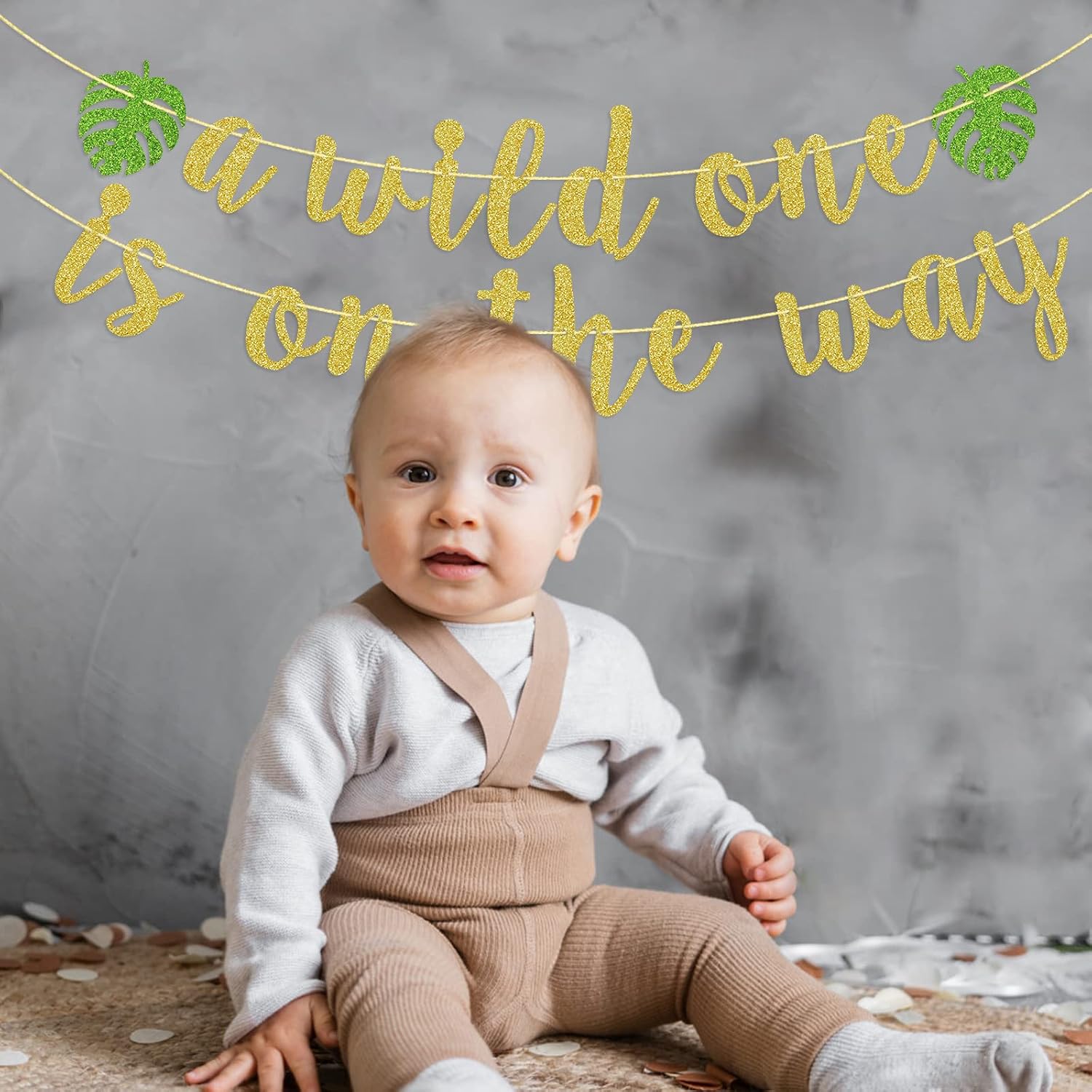 A Wild One is on the Way Banner - Pre-Strung Safari Baby Shower Decorations | Mess-Free Glitter Jungle Theme Photo Backdrop | Time-Saving Welcome Baby Party Supplies for Expecting Parents | Woodland Animals Theme Party Supplies, Palm Leaves Sign Welcome B - view 5