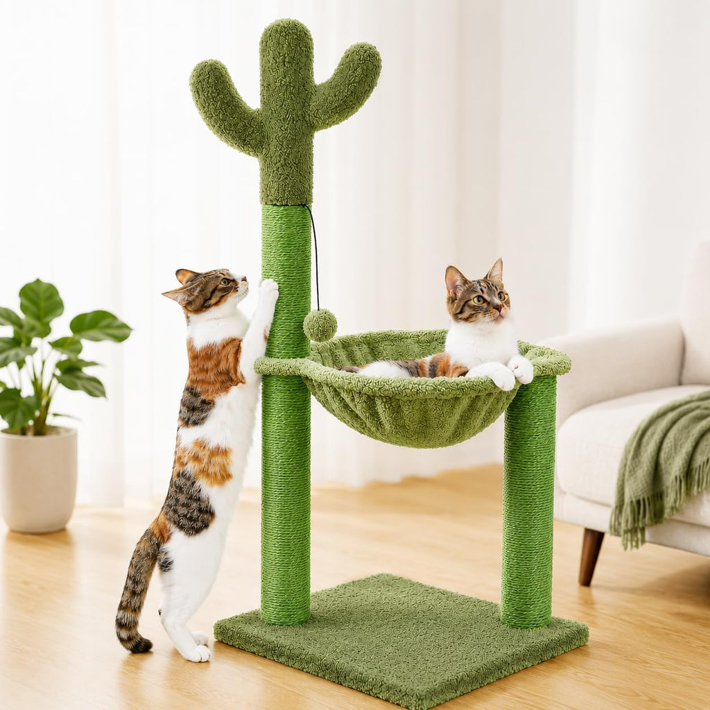 Cactus cat scratching post, 33" cat tree with hammock & scratch | tall cactus scratcher with large 15.7" dia hammock, dangling ball & durable sisal posts for indoor & large cats - view 2