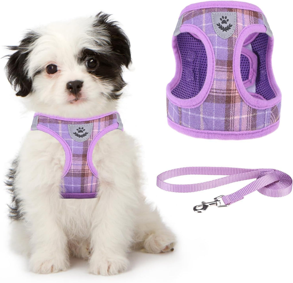 Small Dog Harness and Lead Set, Soft Mesh Plaid Puppy Harness with Safety Buckle, Adjustable & Comfortable Padded Reflective Vest for Puppies and Small Breeds Dogs Walking,Pink,X-Small - view 4