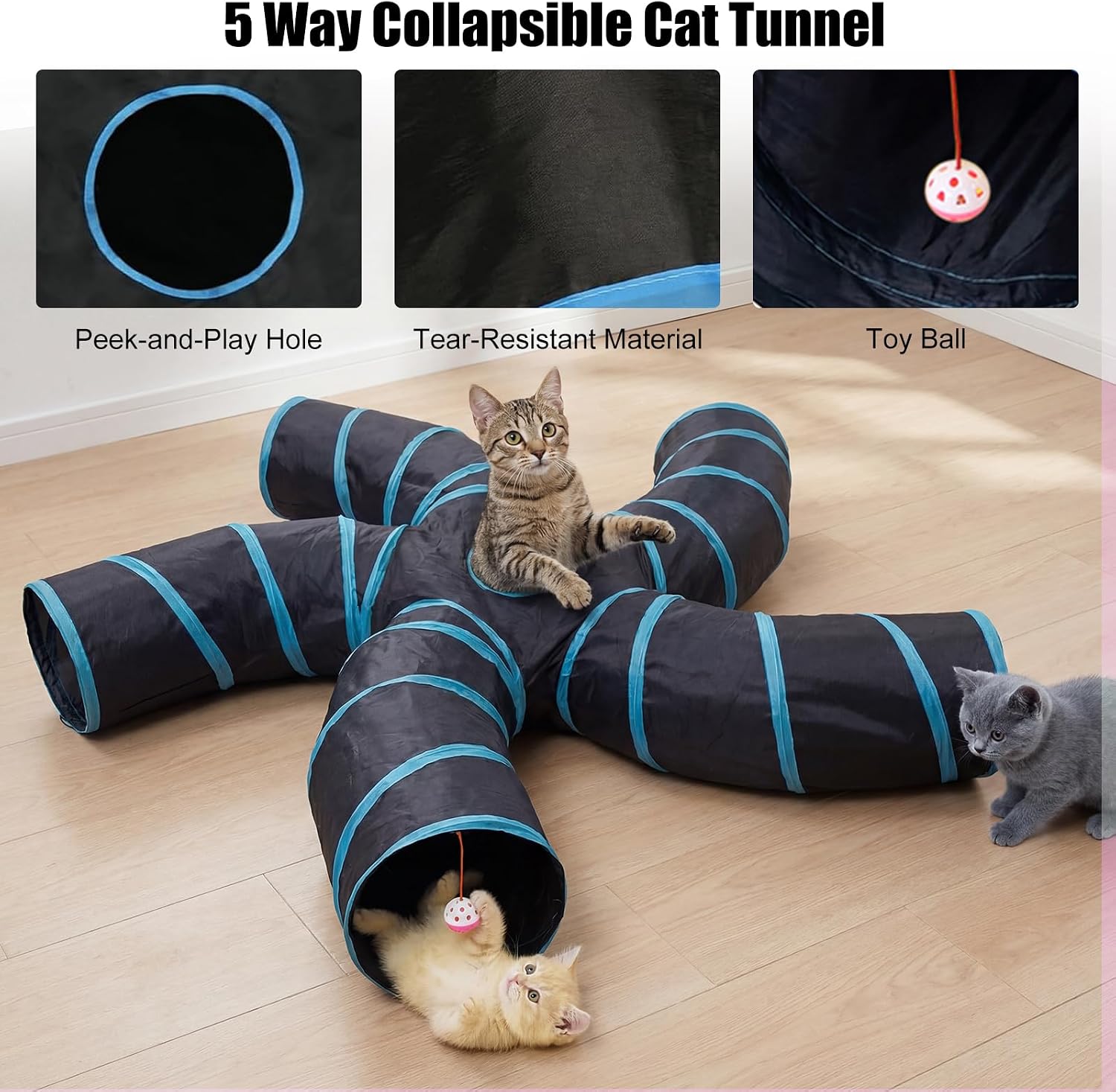 Cat Tunnel for Indoor Cats, 5 Way Cat Tubes and Tunnels Collapsible S-Shape Small Animal Tubes Kitty Tunnels Interactive Maze Cat Toy for Kitten Rabbit Ferret - 5 Way - view 4