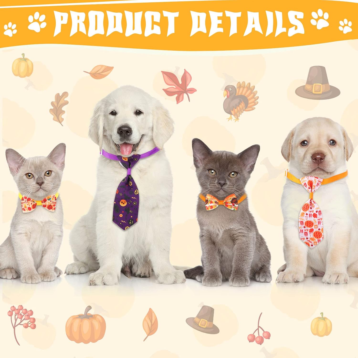 100 Pack Fall Dog Bow Tie Collar Set, 50 Dog Bow Ties and 50 Pet Neckties Maple Leaf Pumpkin Turkey Pattern Pet Costume Accessories for Small Medium Dogs Cats, Thanksgiving Halloween Supplies - view 3