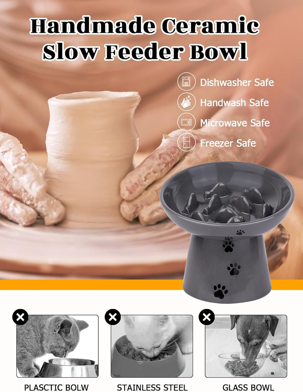 Slow Feeder Cat Bowl, Ceramic Cat Slow Feeder Bowl, 6 Inches, Elevated, Anti Vomiting for Dry and Wet Food, Gray - view 6
