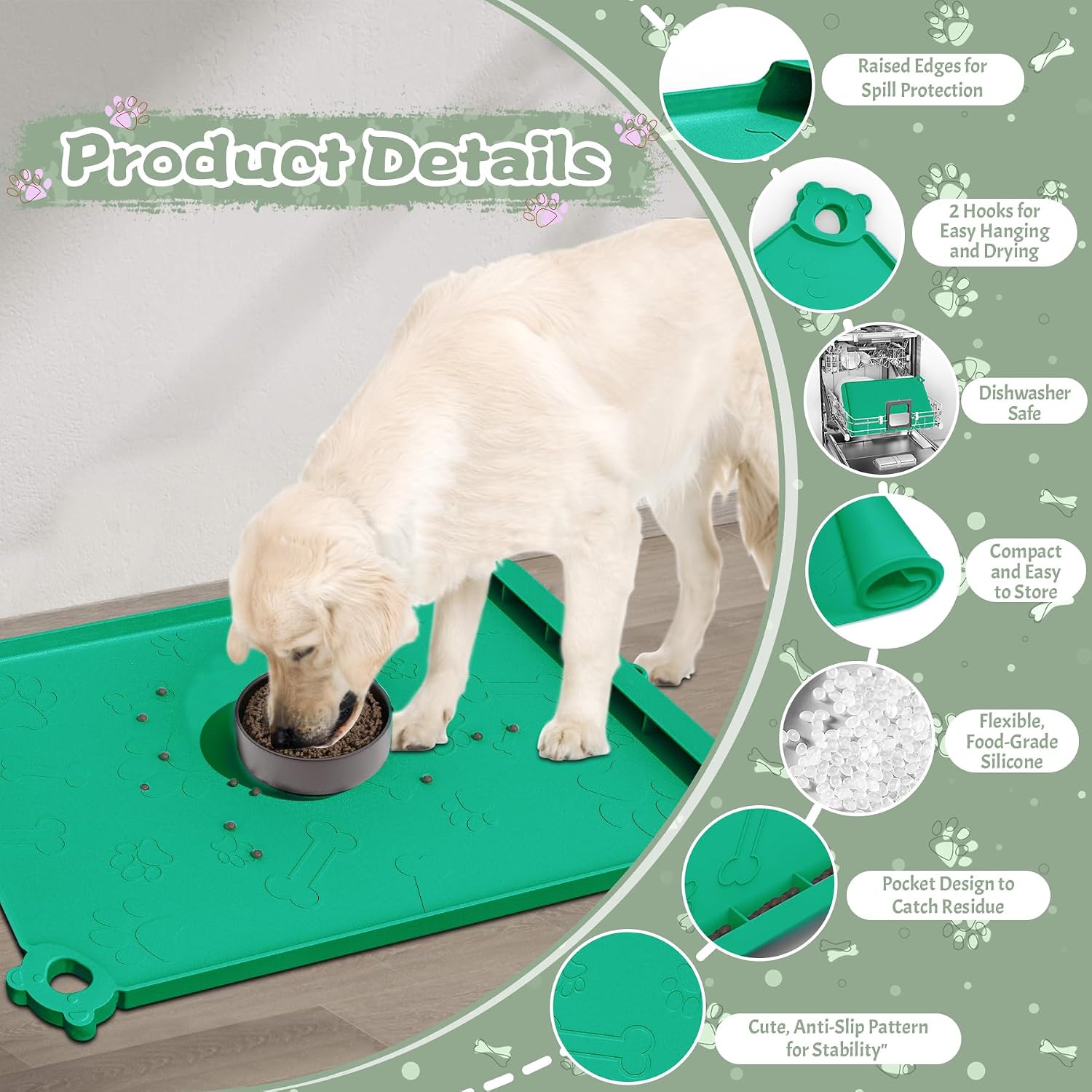 Silicone Dog Food and Water Mat - Pet Feeding Mats with Waterproof Design, Raised Edges and Hooks, Placemats for Cats and Dogs - view 3