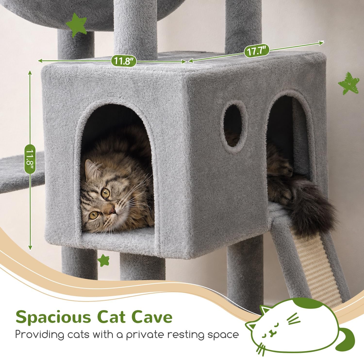 Heavy Duty Cat Tree, 70 inch Sturdy Cat Tree for Indoor Cats Extra Large Cat Tower with Scratching Post, Hammock, Cat Condo for Adult Cats Kittens, F70 Pro, Light Grey - view 4