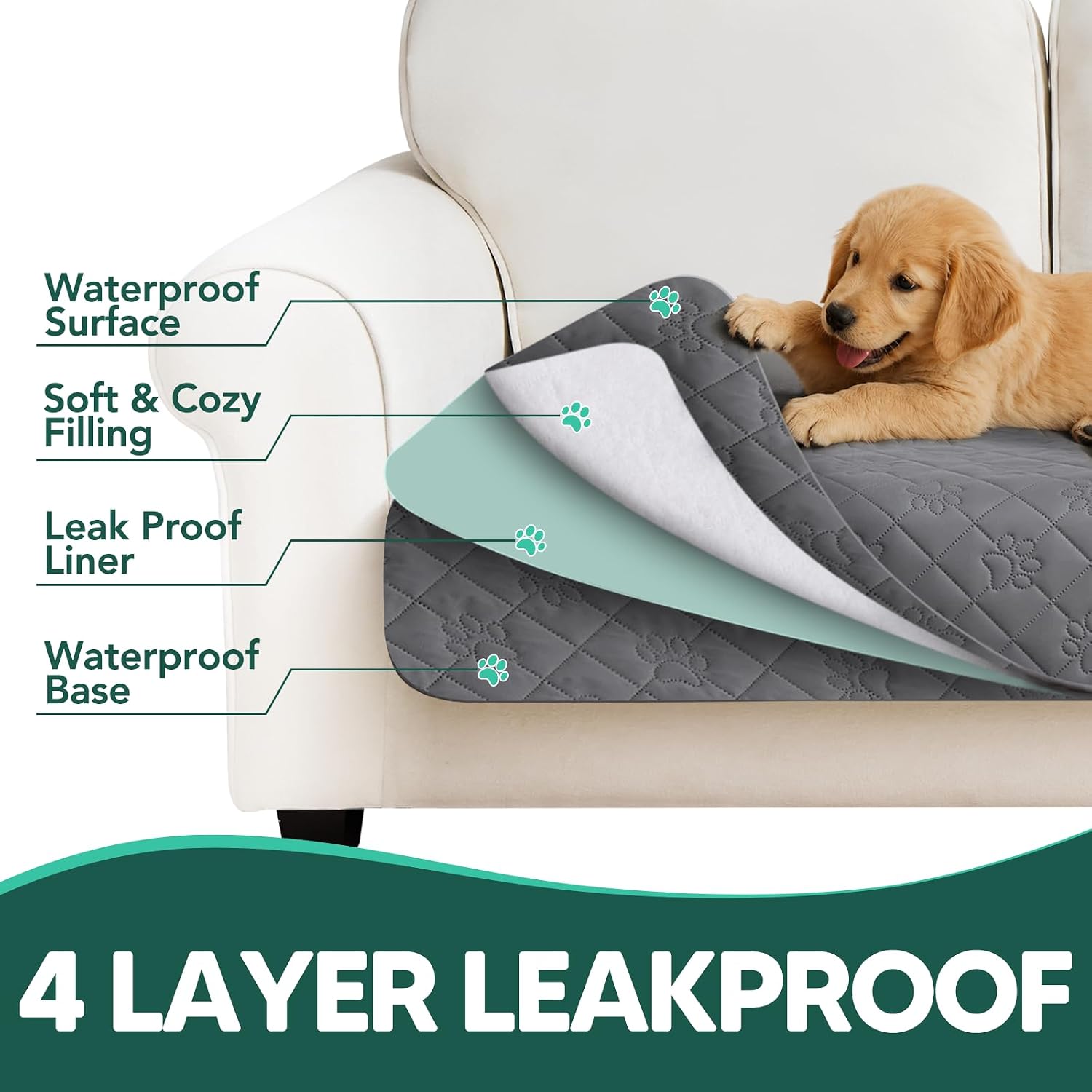 Waterproof Couch Covers for Dogs, Pet Blanket for Sofa Washable | Paw Print Quilted, Hair Resistant, Anti Cat Scratch, Pee Proof Furniture Protector for 3 Seat Sofa and Bed, 30x70 Inch, Grey - view 6