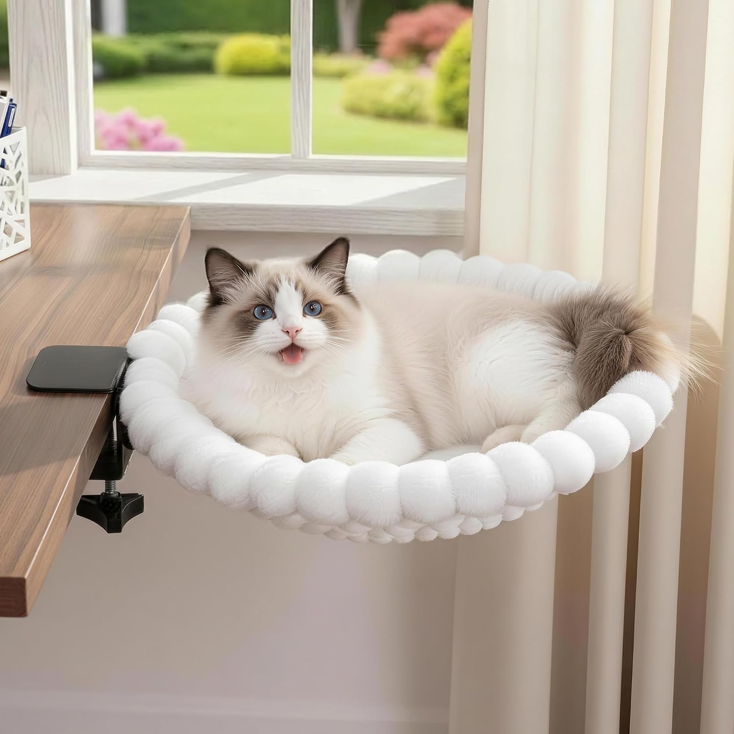 Desk Cat Bed with 2 Washable Covers (Gray & White Set), Space Saving Clamp-On Cat Perch Hammock for Desk Side, Heavy Duty Metal Frame Cat Lounge Seat for Indoor Cats, Fits Most Desks - view 7