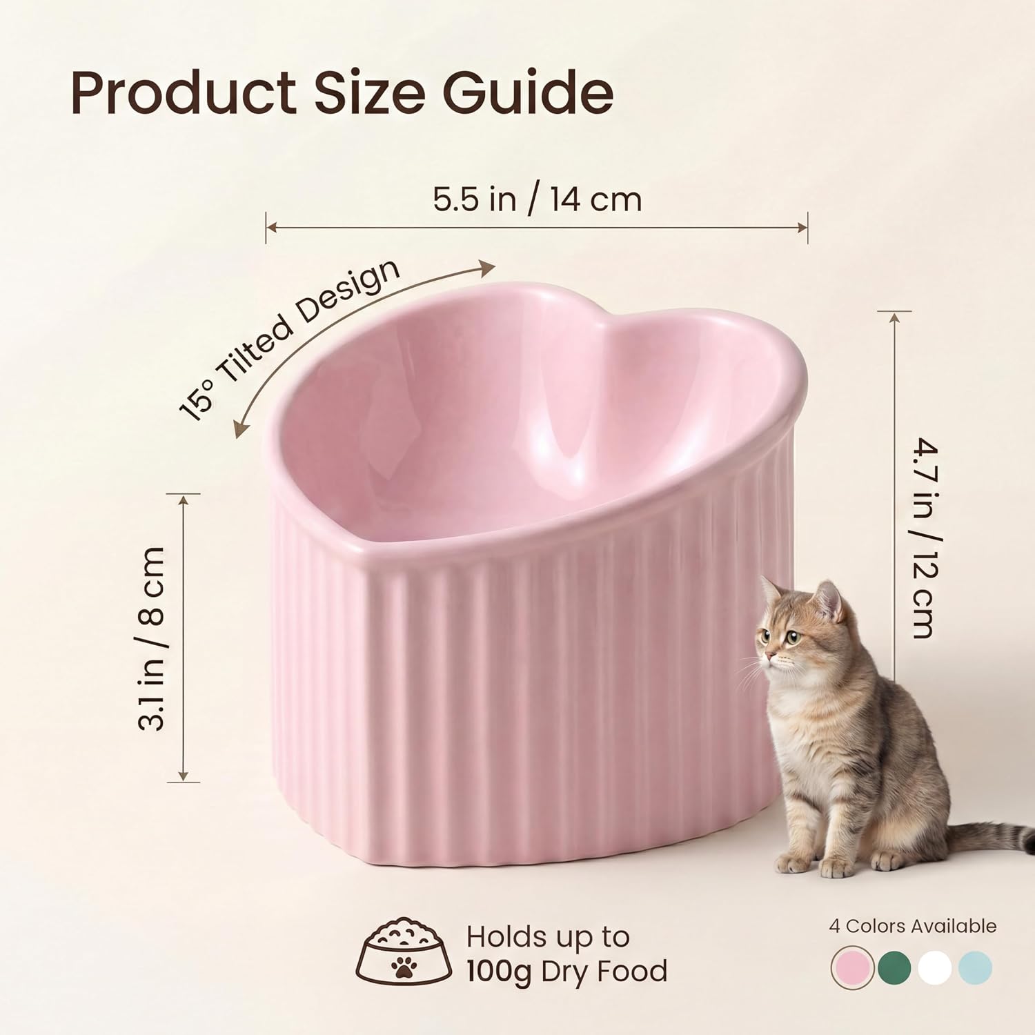Pink ceramic raised cat bowls, tilted elevated food or water bowls, stress free, backflow prevention, dishwasher and microwave safe, lead & cadmium free - view 2