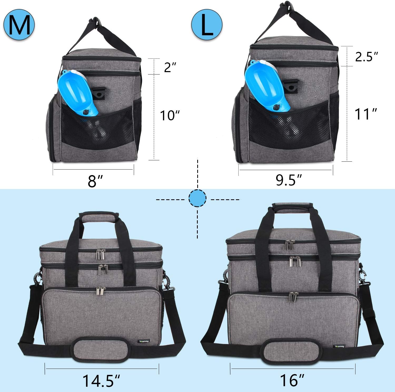 2 Layer Dog Travel Bag, Pet Supplies Weekend Tote Organizer, Gray | Large Dog Bag for Supplies with 2 Silicone Collapsible Bowls, 2 Food Carriers, 1 Water-Resistant Placemat - view 5