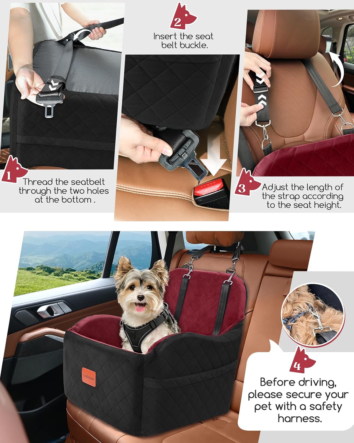 Lealchum dog booster car seat for small/medium dogs, puppy portable car bed with elevated cushion, fully detachable and washable, 2 storage pockets, easy to install (black/red, medium) - view 3