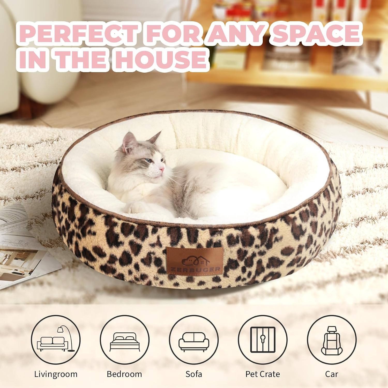 20in Leopard Round Cat Dog Bed Gift for Large Medium Small Dogs Cats, Machine Washable Sleeping Sofa, Non-Slip Bottom Breathable Soft Calming Pet Cuddler for Indoor/Outdoor/Car/Cage - view 6