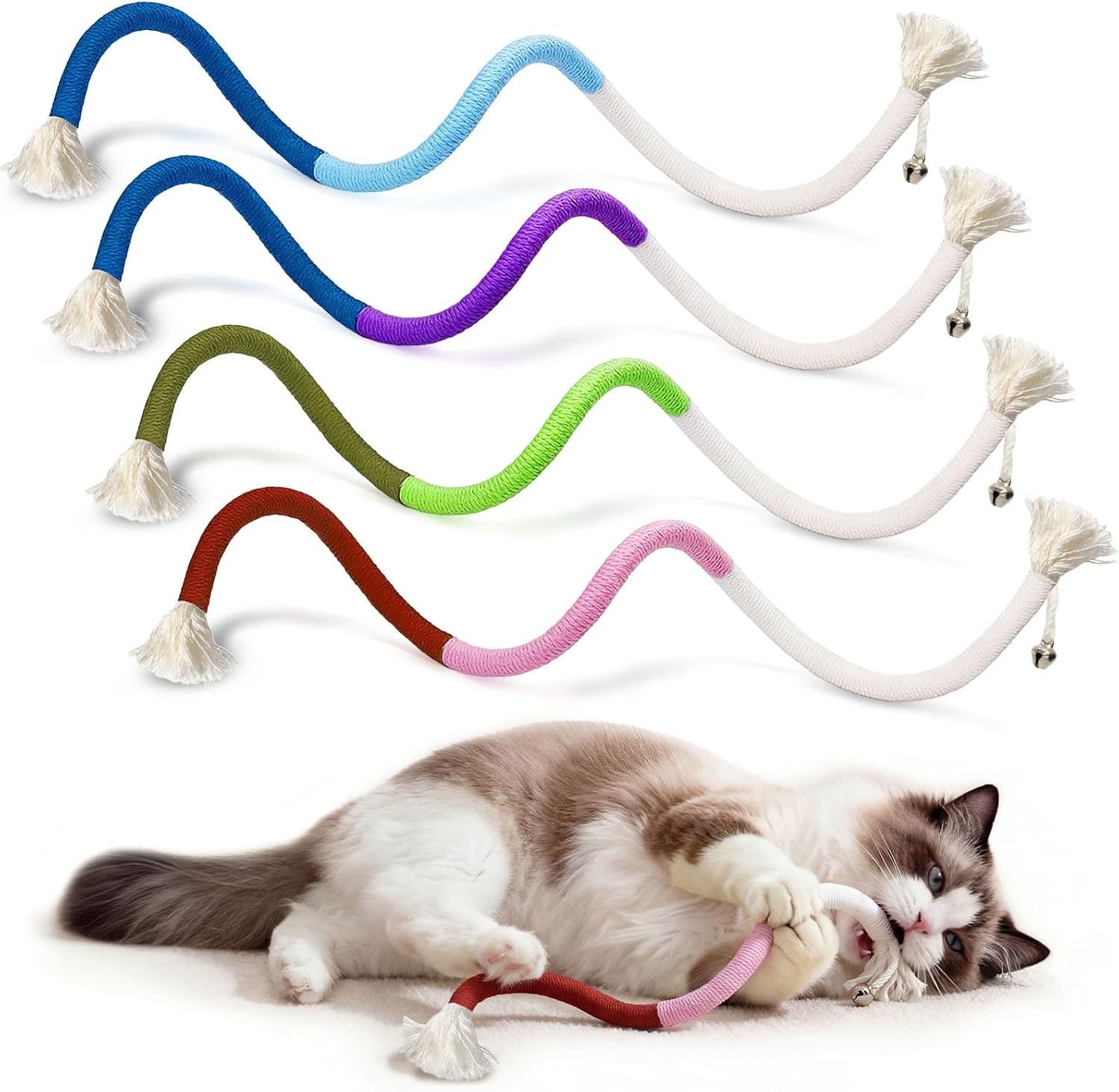 4-Pack Interactive Cat Chew Rope Toys, Teaser Sticks with Jingle Bells | Colorful Cotton Rope Toys Support Chewing, Teething & Play, Cat Chew Toys for Indoor Cats and Kittens, Boredom Relief