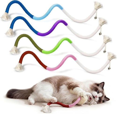 4-Pack Interactive Cat Chew Rope Toys, Teaser Sticks with Jingle Bells | Colorful Cotton Rope Toys Support Chewing, Teething & Play, Cat Chew Toys for Indoor Cats and Kittens, Boredom Relief